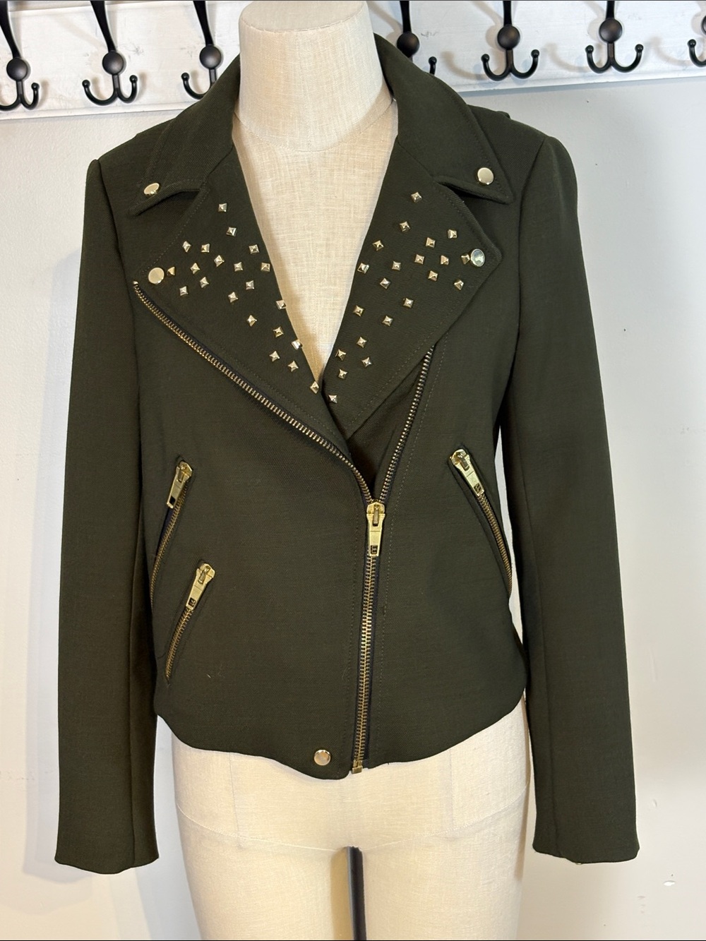 Zara Olive Green Studded Moto Jacket with Gold Hardware size M